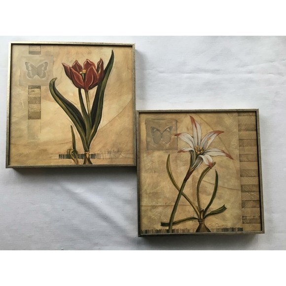 Gold Foil Wood Framed Floral Still Life Print 12" x 12" Lily Tulip Set of 2 - Picture 1 of 12